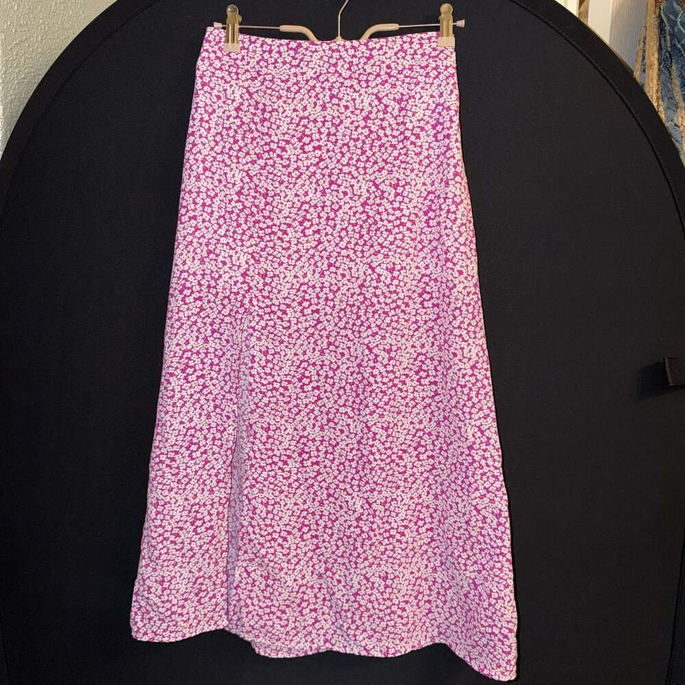 Floral Print Midi Skirt Pink White Side Slit #0733